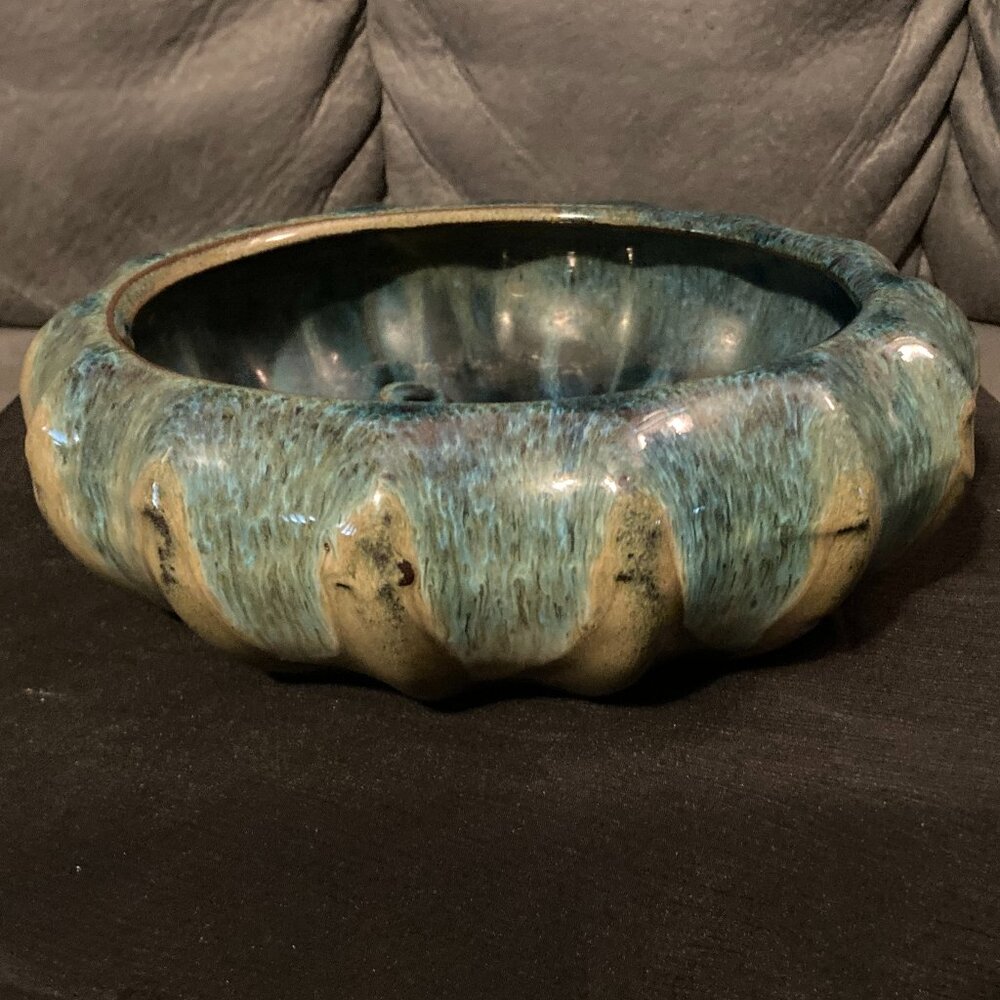 VTG 1960's Brush McCoy Scalloped Pottery Planter/Rose Bowl Vase-Blue/Green-EUC